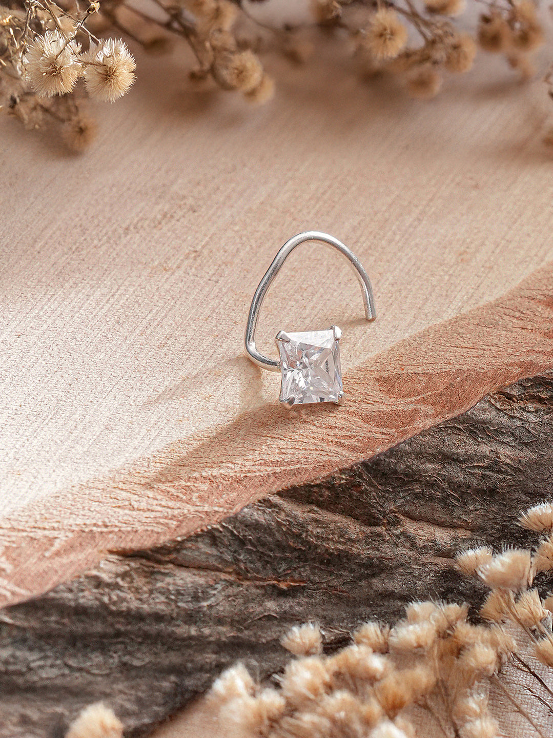 925 Sterling Silver Princess Cut AD  Square Solitaire Studd Nose Ring